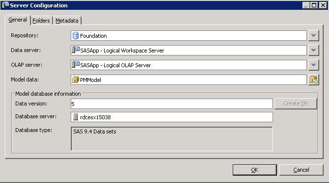 6. On the General tab, select the Foundation repository. For the Data server select the Logical Workspace Server. For the OLAP Server select the Logical OLAP server.