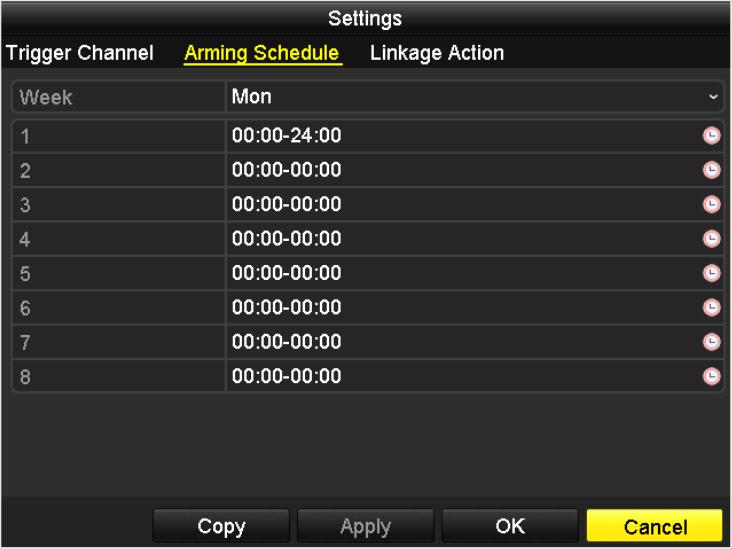 Step 3 Click Trigger Channel tab and select one or more channels which will start to record or become full-screen monitoring when motion alarm is triggered. Step 4 Set arming schedule of the channel.