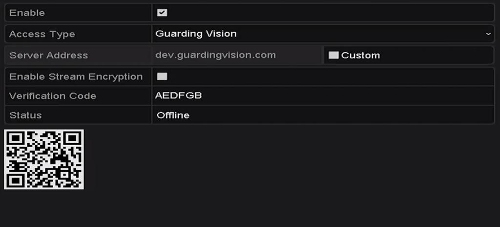 Guarding Vision is disabled by default. The verification code is empty when the device leaves factory. The verification code must contain 6 to 12 letters or numbers and is case sensitive.