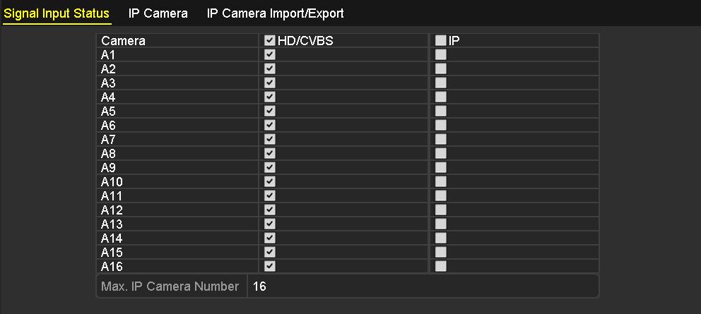 Step 1 Enter the Signal Input Status interface. Menu > Camera > Signal Input Status Step 2 Check the checkbox to select different signal input types: HD/CVBS and IP.