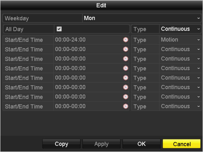 Step 4 Configure the record schedule. Edit the schedule 1) Click Edit. 2) In the message box, you can choose the day to which you want to set schedule.