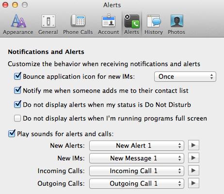Setting Lync Alert Options If you click Alerts you will be able to set Notification and Alert sound preferences.