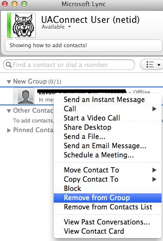 To remove a contact from the contact list and any associated groups. Control-Click the contact you wish to remove.