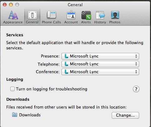 Here you can select which applications you wish to have handle Presence/Telephone and Conference services. All should be configured to use Microsoft Lync.
