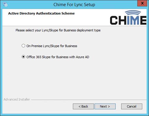 ACTIVE DIRECTORY AUTHENTICATION SCHEME Beginning with Chime 2.4, we support either on premise AD or using Azure AD against Office 365.