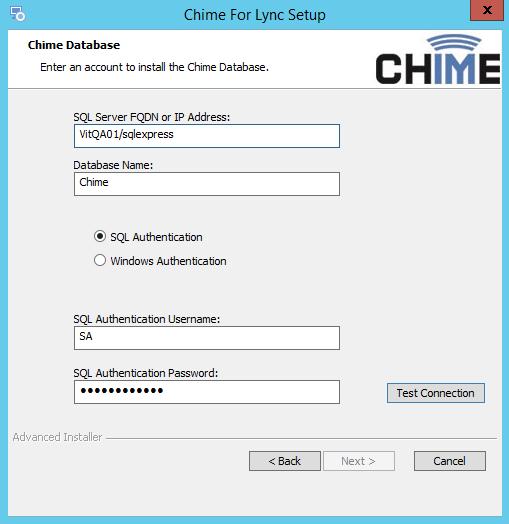 CHIME DATABASE Chime requires an account with administrative rights to the SQL database. In this section of the Setup wizard, the Chime database will be created.