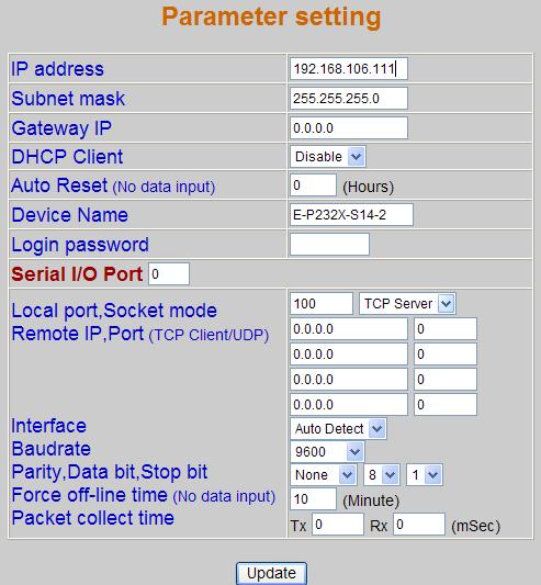 Ethernet address : Unique MAC (Media Access Control) address Password : Factory default is empty. However, it is not recommended to leave empty in field operation.
