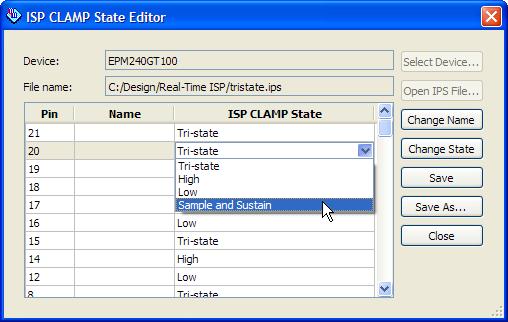 ISP Clamp Page 5 Using ISP Clamp in the Quartus II Software To use the ISP clamp feature, you must define the states of the I/O pins. In the Quartus II software, use an I/O Pin State File (.