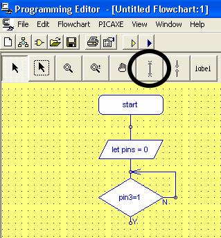 Programmable timer PICAXE programming editor guide Page 3 of 13 You can now connect up the No route, going back into the 'if pin3 = 1' box.