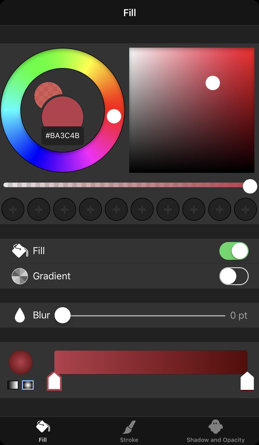 Fill Color Color Picker for the fill color. Fill Enabling and disabling the fill of a path. Blur Apply gaussian blur to a path. Gradient Enable a gradient for the fill.