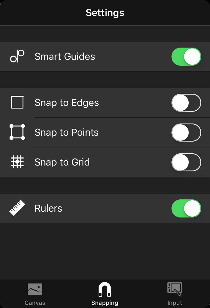 Settings Snapping Settings for changing the snapping behavior and enabling/disabling the rulers.