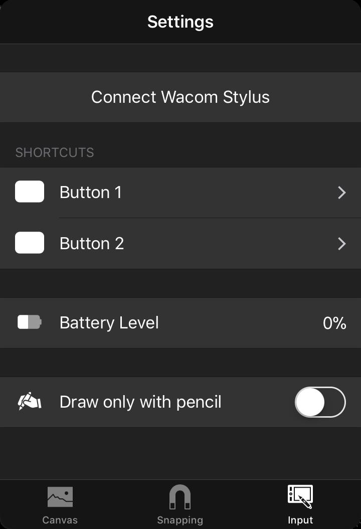 Settings Input Settings for customizing the input devices such as Apple Pencil and Wacom Stylus. Connect Use if for connecting a Wacom Slate or Stylus.