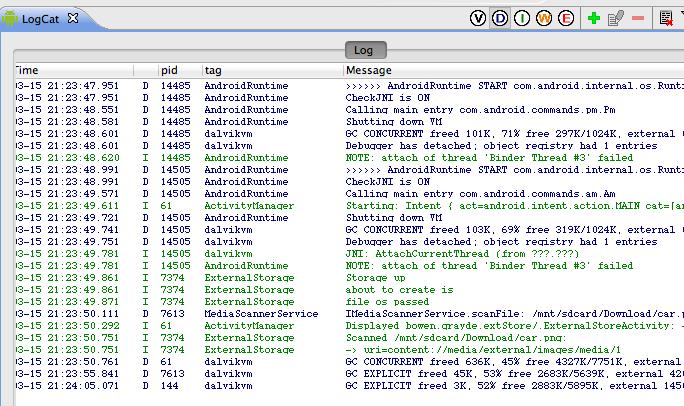 The Log files write output to LogCat a useful view that shows how far the file writing has got and give some idea of where it might have gone wrong. Here the 7374 output is of interest.