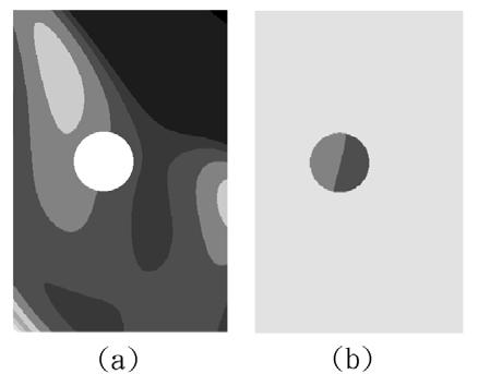 Figure 12.16 A circle, shown in white, is used to extract cell values from the input raster (a). The output (b) has the same area extent as the input raster but has no data outside the circular area.