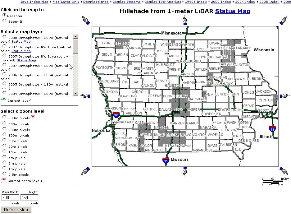 ortho.gis.iastate.edu raster data Home > Map type (here: Lidar Hillshade) > Status map (shown here) Recenter vs.