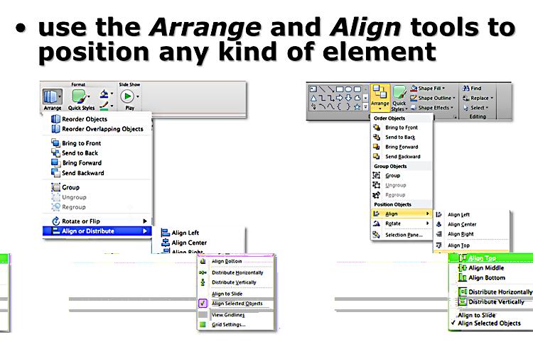Finishing Touches: Arrange, Align and Group Figure 15 PowerPoint has tools that will aid in controlling text boxes, pictures and drawings.