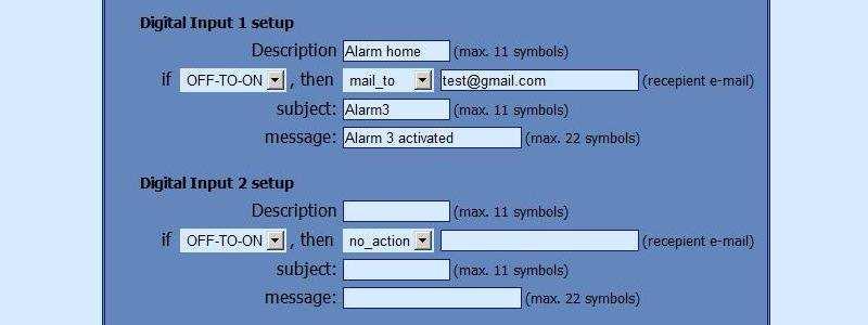 In the example above, if an event occurs (closing contact) the controller will send e-mail message to test@gmail.