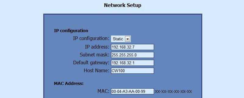 fields are active if IP address is static Host Name MAC device MAC address If multiply TCW120 controllers are used on the same network, please change the IP address