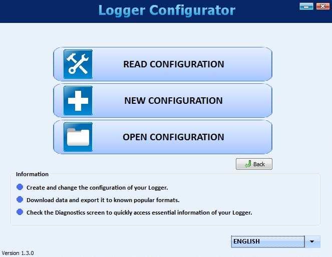CONFIGURATION On the configuration screen, you can select one of the following options: Read Configuration: Reads the current configuration of a DataLogger.