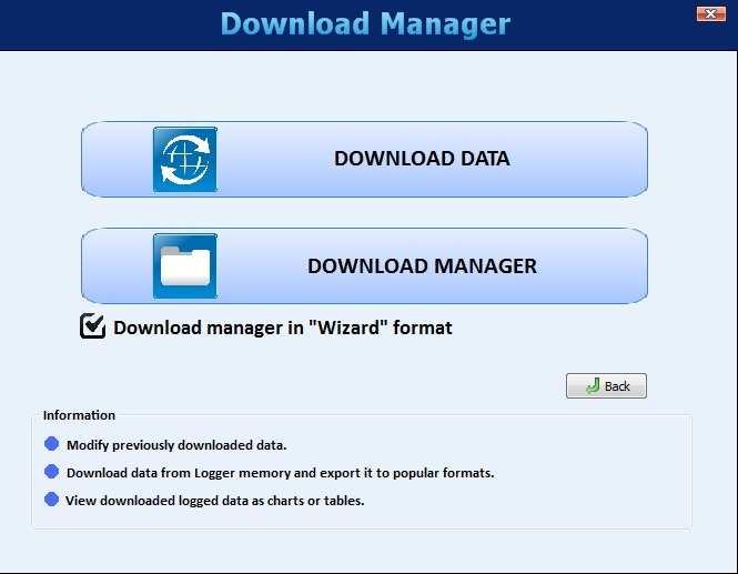 DOWNLOAD By selecting Download, you can download data from the DataLogger, search data previously downloaded from a folder or view or export logged data.