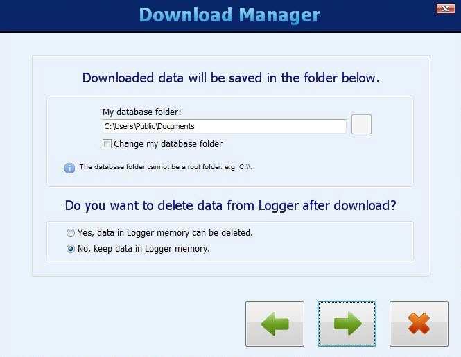 Next, you must confirm the data base folder (folder where all data should be stored in your computer or in the network) and choose whether downloaded data should be deleted from DataLogger memory or