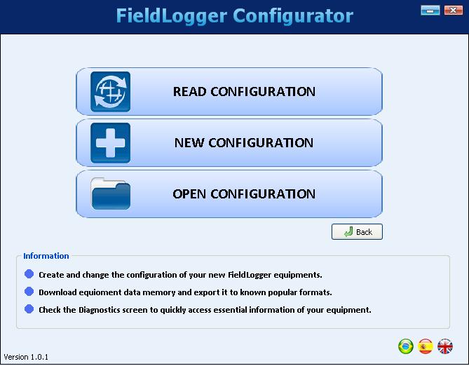 CONFIGURATION On the configuration screen, you can select one of the following options, as they are described below: Read Configuration: Reads the current configuration of a FieldLogger.