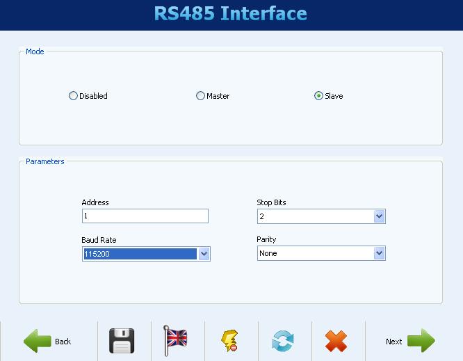 RS485 INTERFACE CONFIGURATION Next configuration screen is the RS485 Interface screen.
