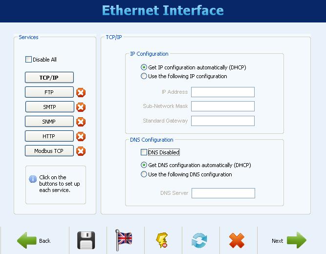 ETHERNET INTERFACE CONFIGURATION - TCP/IP Once the interface is enabled, the buttons on the left allow you to enable and configure each of the services offered by this interface.