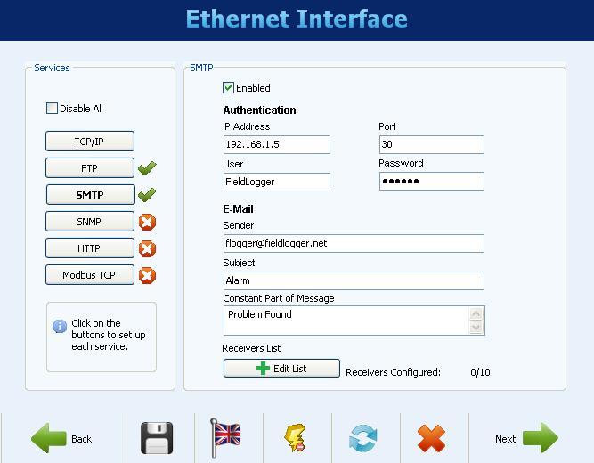 ETHERNET INTERFACE CONFIGURATION - SMTP The SMTP button opens the parameters related to sending e-mails.