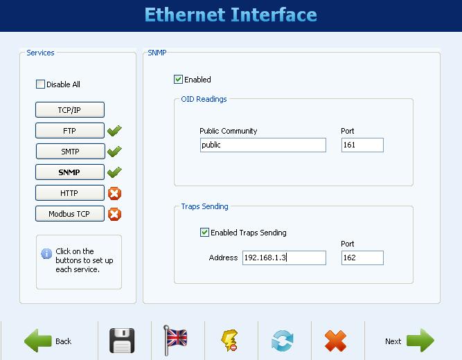 ETHERNET INTERFACE CONFIGURATION - SNMP The SNMP protocol can be enabled and configured by clicking on the SNMP button. SNMP in the FieldLogger is readonly.