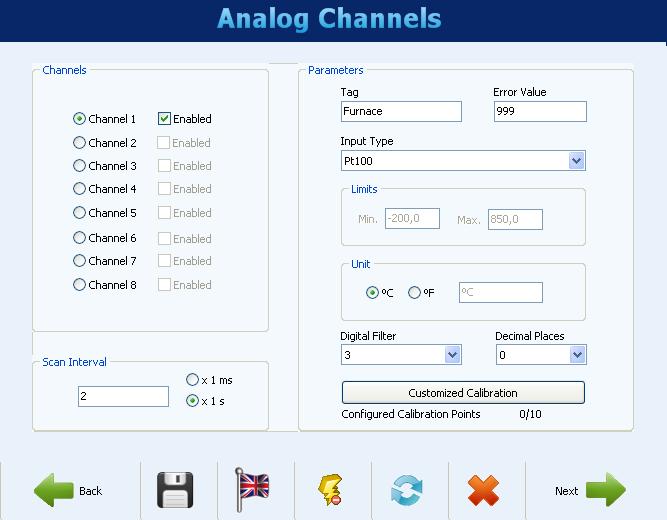 ANALOG CHANNELS CONFIGURATION On the next screen, you must configure the analog channels to be used.