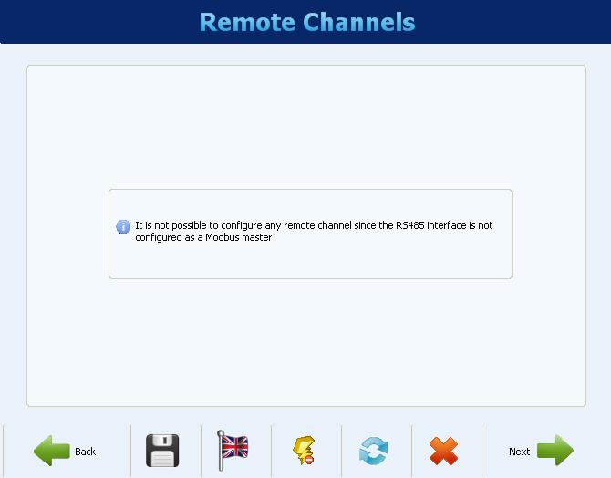 REMOTE CHANNELS CONFIGURATION The configuration of remote channels, made on the next screen, is only available when the RS485 interface has been configured as a Modbus master.