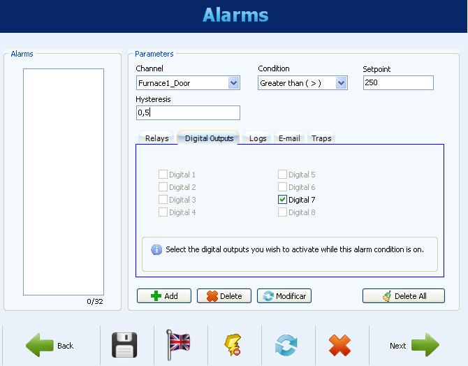 Alarms Configuration - Digital outputs selection Alarms Configuration