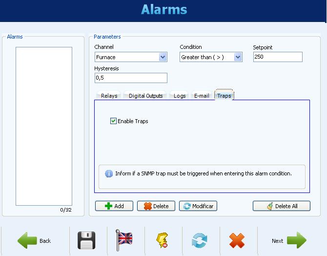 Alarms Configuration - E-mail receivers selection Alarms