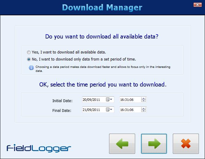 Then the FieldLogger memory where logged data is (internal flash or SD card) must be chosen.