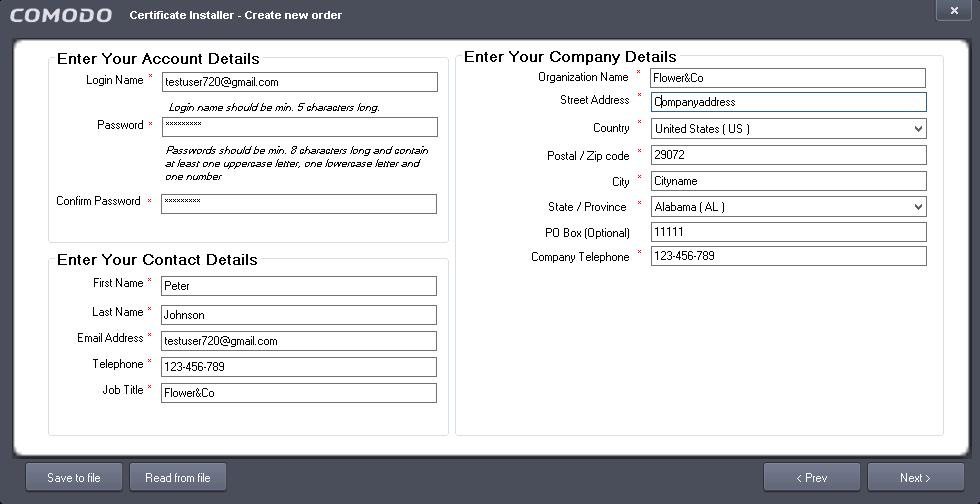 The next step is the account and contact details screen. Fields marked * are mandatory. New customers Please create a Comodo user-name and password and complete all fields.
