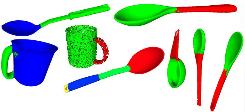 Fig. 8: Segmented models of tools used for scooping. All are scanned models except for the central mug (constructed from CAD model). Fig. 9: Scooping simulation with two different tools.