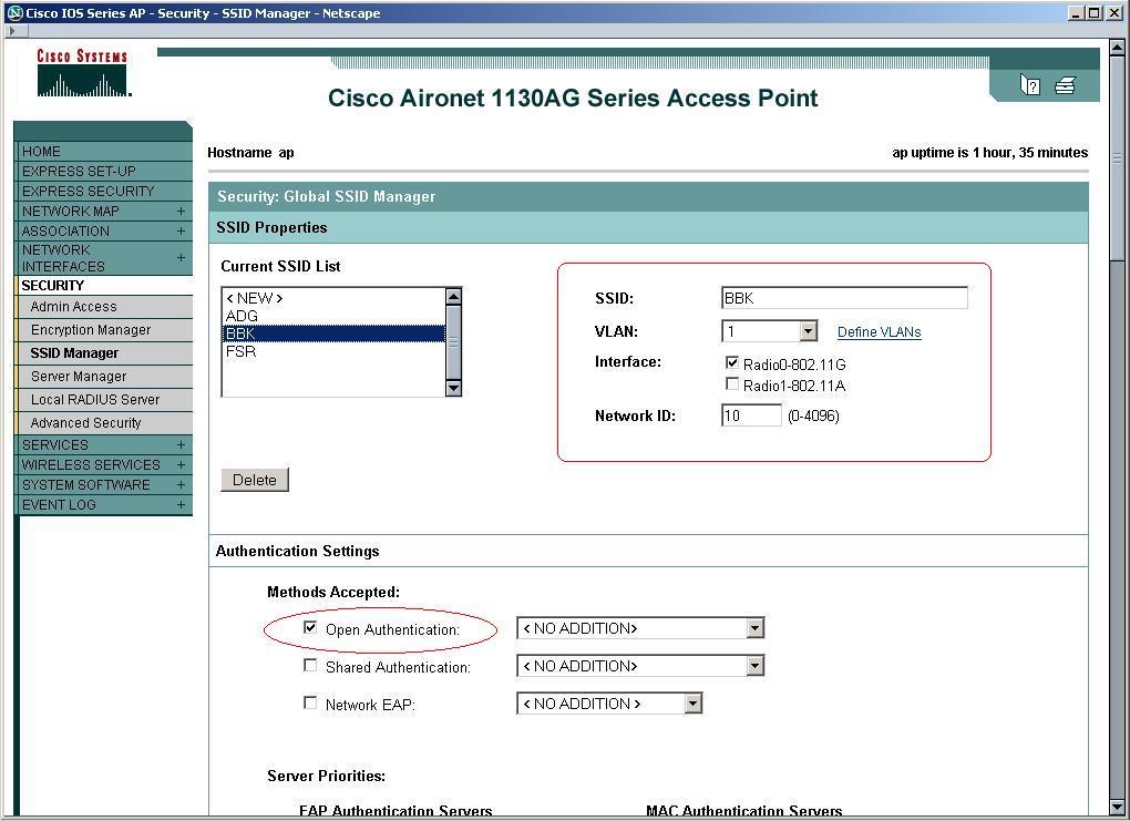 Cisco: 1100, 1200 and 1300 Series APs using the Wireless LAN Services Module (WLSM) Configuring SSIDs The following screens show the set-up for WPA2-PSK and VLAN1. 1. In the navigation pane, click SECURITY.