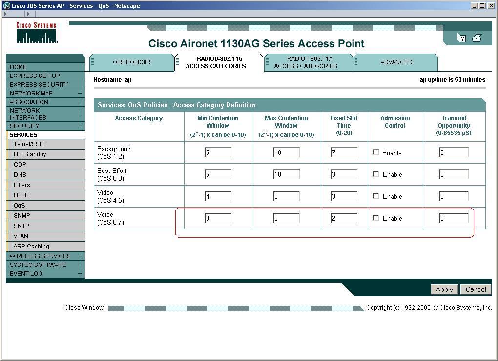 Cisco: 1100, 1200 and 1300 Series APs using the Wireless LAN Services Module (WLSM) Radio0-802.11g access categories 1. Click the RADIO0 802.11G ACCESS CATEGORIES tab. 2. At Voice (CoS 6-7): 3.