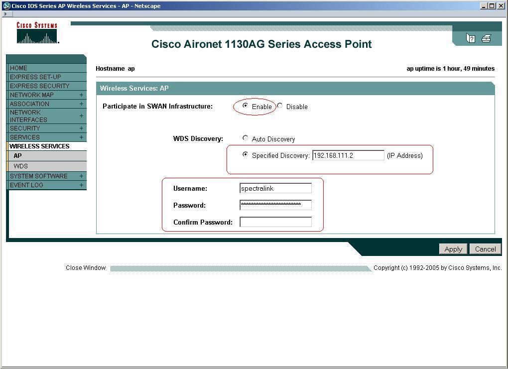 Cisco: 1100, 1200 and 1300 Series APs using the Wireless LAN Services Module (WLSM) 3. At Participate in SWAN Infrastructure, click the Enable option. 4.