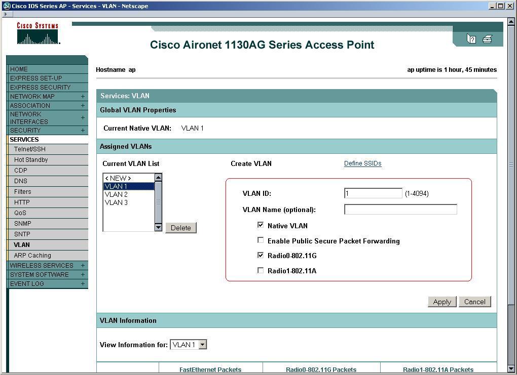Cisco: 1100, 1200 and 1300 Series APs using the Wireless LAN Services Module (WLSM) Configuring VLANs The following screen shows the set-up for creating a VLAN.