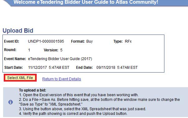 Spreadsheet, and go back to the Event Details page in etendering to upload your bid.
