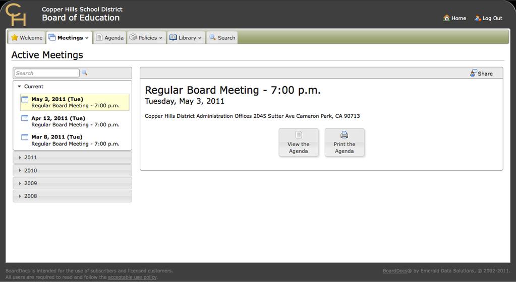 Chapter 3 The BoardDocs Interface Meetings Panel The Meetings panel provides access to all past and future meeting agendas. On this panel, you can: View upcoming meetings in the Current Meetings area.