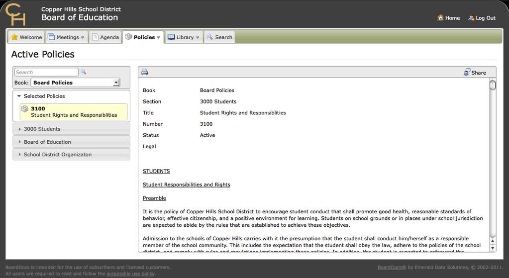 Chapter 3 The BoardDocs Interface Policies Panel (Optional) The Policies panel provides access to the internal policy management features of BoardDocs.