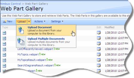 Customizing SharePoint 2007 13 Click the drop-down arrow to the right of the button to select to either upload a single Web Part or multiple Web Parts.