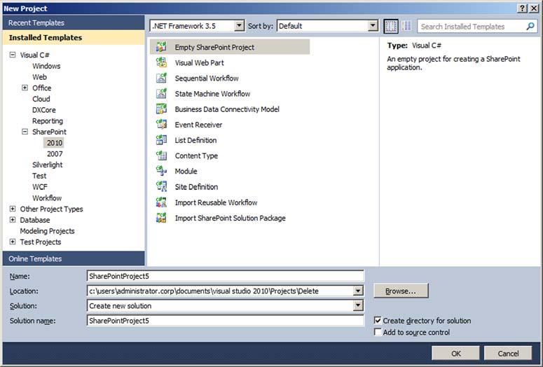 58 CHAPTER 3 Building Web Parts with Visual Studio 2010 The first time you open this dialog box, select the target framework for your project. The default framework in Visual Studio is version 4.