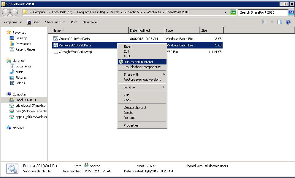 Uninstalling winsight Dashboard 6.5 from SharePoint 2010 If you choose not to run the batch file immediately, click No.