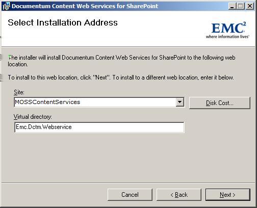 Con guring and Installing Documentum Content Web Services for SharePoint 4. The Web site you created in the previous step should be set in the Site drop down menu. 5. Ensure the Web Service emc.dctm.