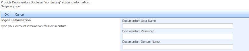 and log back on as an administrator and repeat this step. 3. By clicking the link you will be prompted to enter your Documentum credentials, including username, password, and domain name.