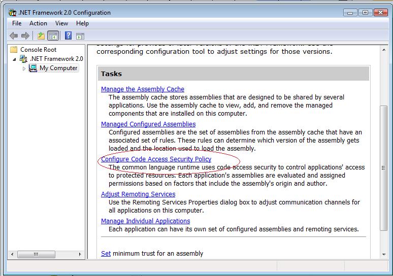 Granting Full Trust to Client Figure 22. Con gure Code Access Security Policy link 3. Click Increase Assembly Trust. 4. Select Make changes to this computer.